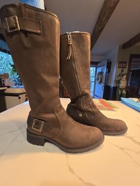 Timberland Waterproof Leather Brown Tall Boots with Buckle and Side Zip(b)